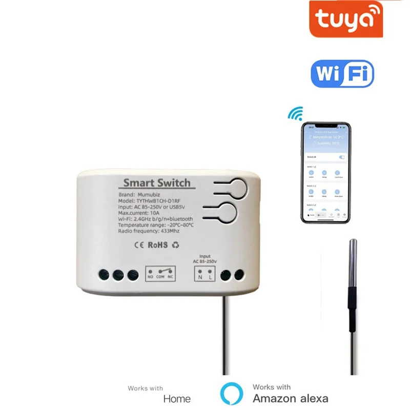 ABJF-Tuya Wifi 1-Way Smart Switch Temperature Sensor AC 85-250V Wireless Smart Switch With Remote Controller