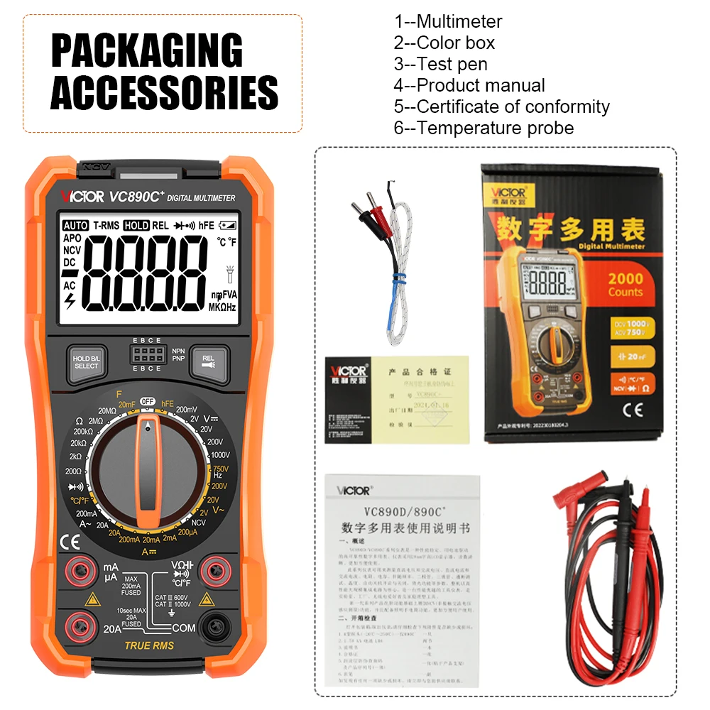 Victor 890D 890C + มัลติมิเตอร์แบบดิจิตอล LCD 1999 จอแสดงผล True RMS Capacitor 2000uF 20A AC DC แรงดันไฟฟ้า Capacitance Tester