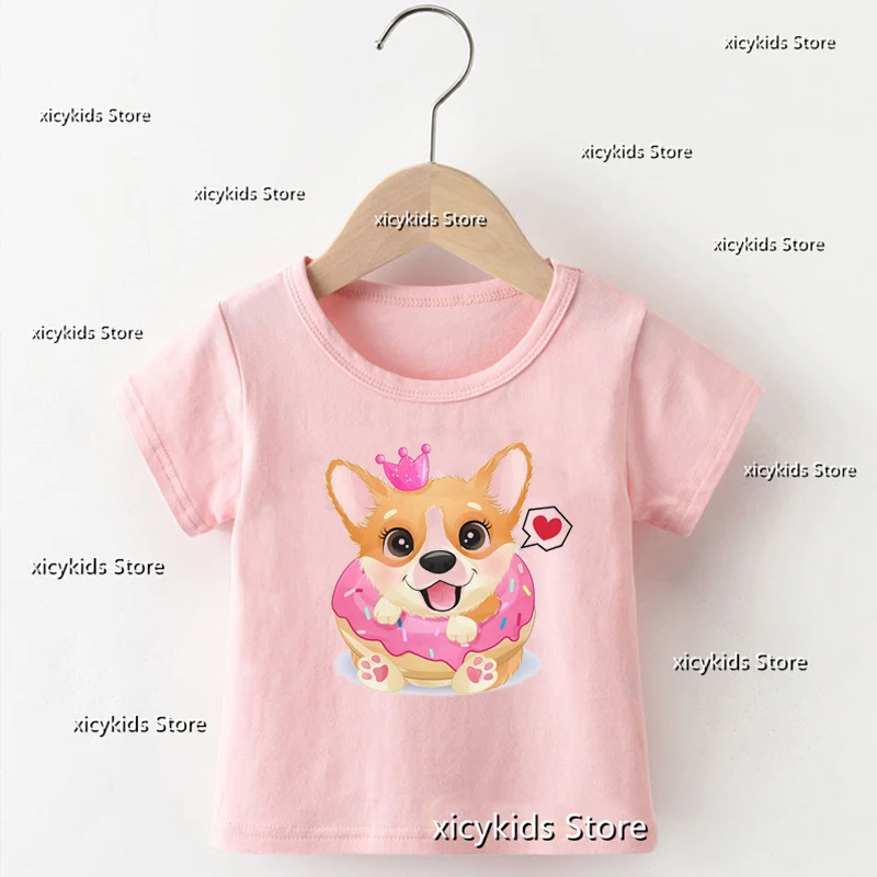 2023 Fashion T-Shirt For Gilrs Cute Little Shepherd Dog Doughnut Animal Print Girl Pink Shirt Tops Baby Tshirt Clothes Kids Tops