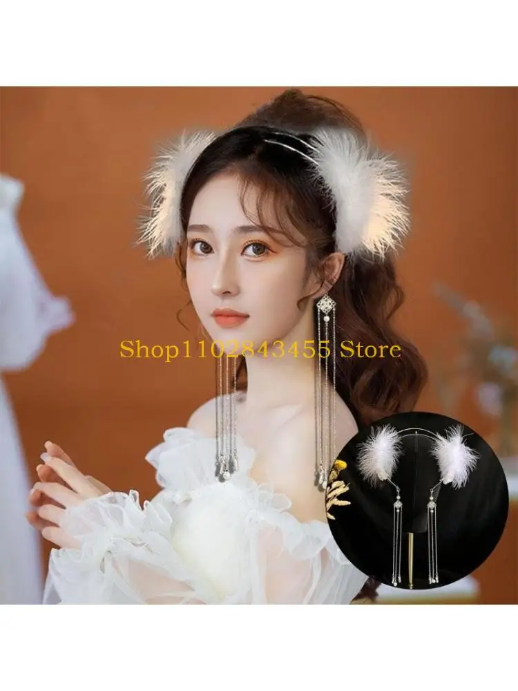 

49MC Повязка на голову с перьями и кисточкой, аксессуары для волос с пушистыми белыми перьями, головные уборы
