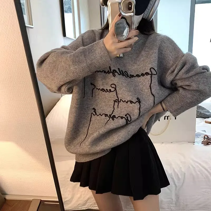 Embroidery Sweaters Women Autumn Popular Chic Baggy Slouchy Retro Srteetwear American Style Schoolgirls Daily Casual Personality