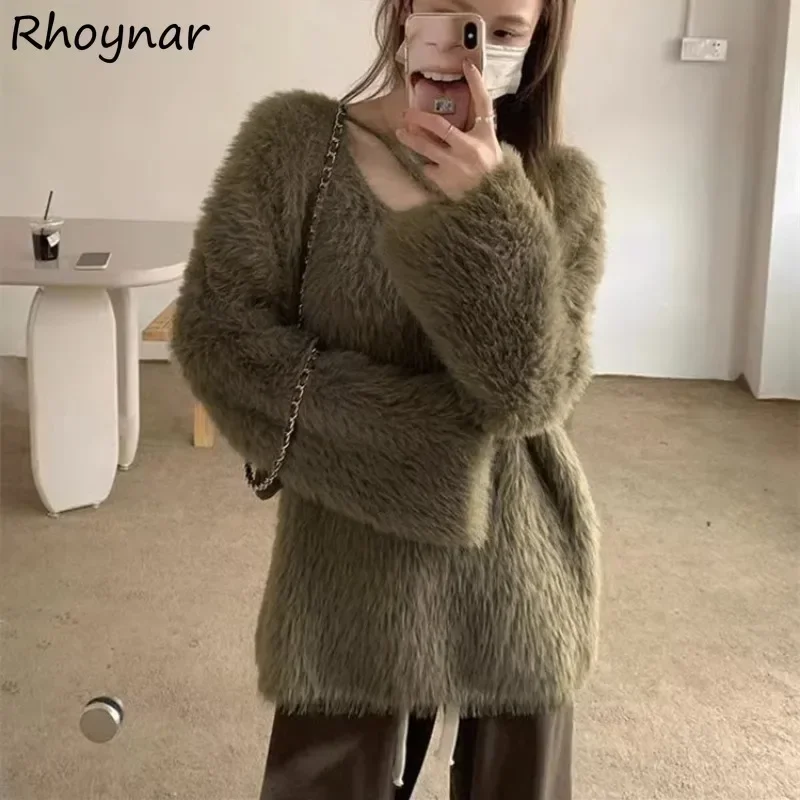 

Solid Pullovers Women Autumn Elegant Ladies Temperament Tender Fluffy Skin-friendly Loose Cozy Korean Style Leisure All-match