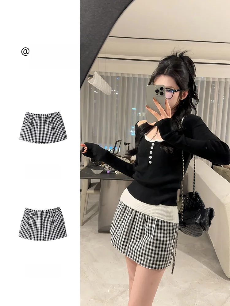 

Fashionable Pleated Plaid A-Line Skirt Women's Spring 2026 College Style Retro Casual Polyester Cotton Blend Skirt