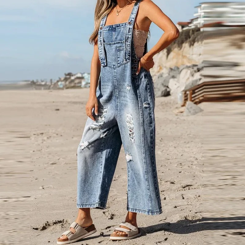 

Denim Jumpsuits Overalls Women Hole Rompers Mom Jeans One Piece Straight Pants Distressed Trousers Suspenders Streetwear 2025