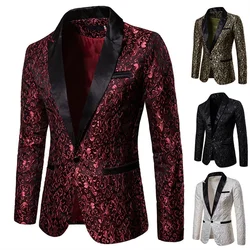 Men Business Social Jacquard Suit Jacket Single Breasted Top Black   White   Gold Men's Wedding Party Dress Blazers Coat