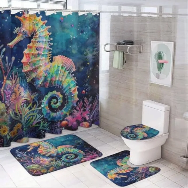 

Душевой набор акварельных морских коньков из 4 предметов: коврик, крючки, 72x72". Океанская тематика, нескользящая.