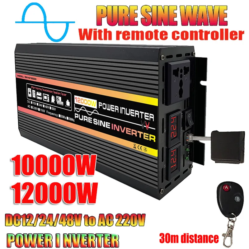 

12000W 10000W Pure Sine Wave Power Inverter Voltage Transformer LED Display Car Home Outdoor DC12V-60V To AC 220V Converter