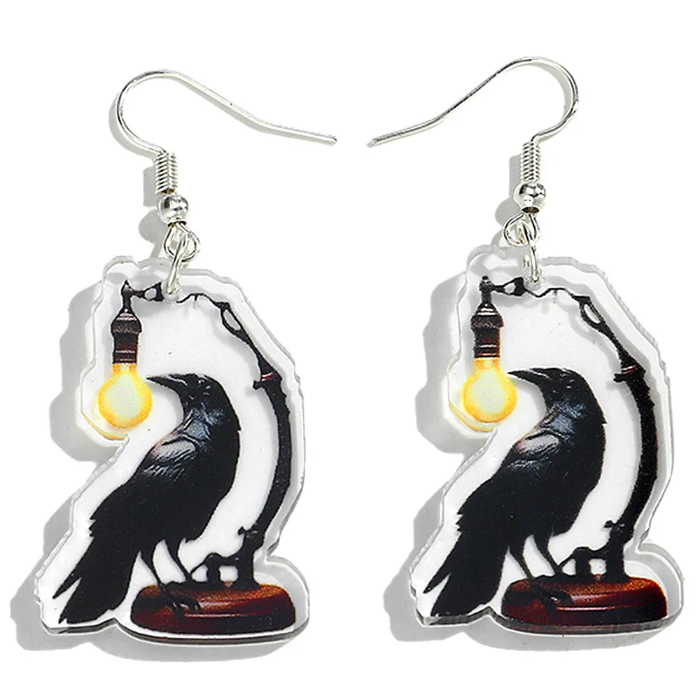 Halloween Creative Acrylic Crow Lamp Pendant Earrings for Women Unisex Unique Birds Animals Dangle Earring Party Holiday Gifts
