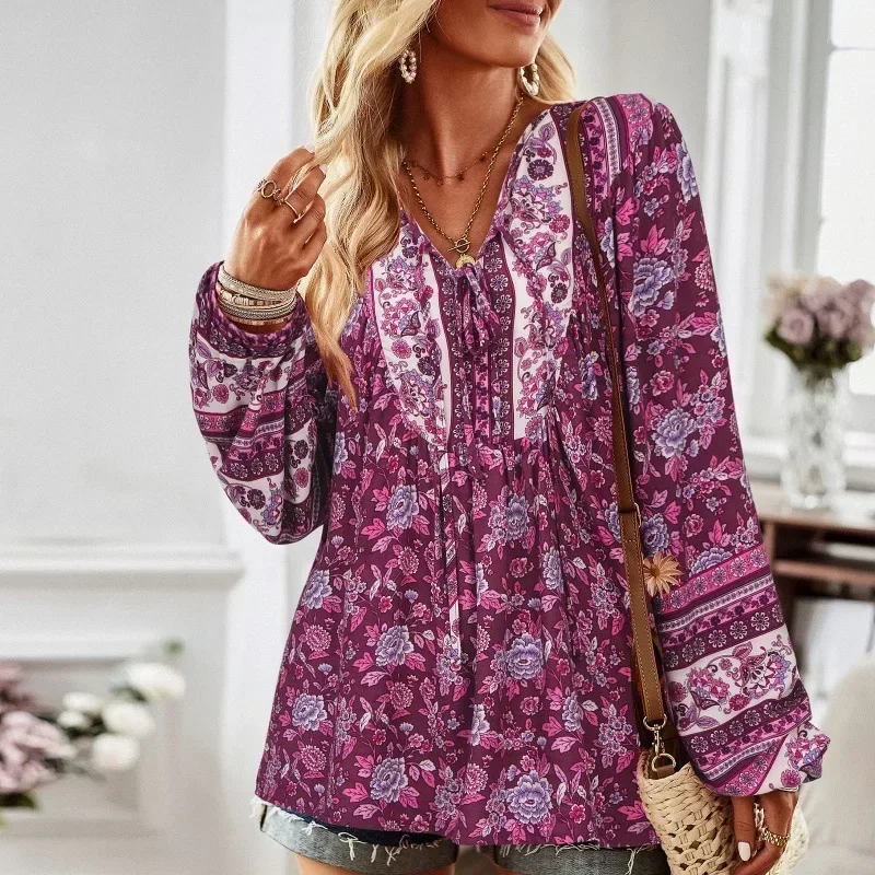 Bohemian Floral Printed Blouse Spring Long Sleeve Lace Up Loose Shirt Fashion Holiday Chemise Elegant Beach Tops Oversized 2024