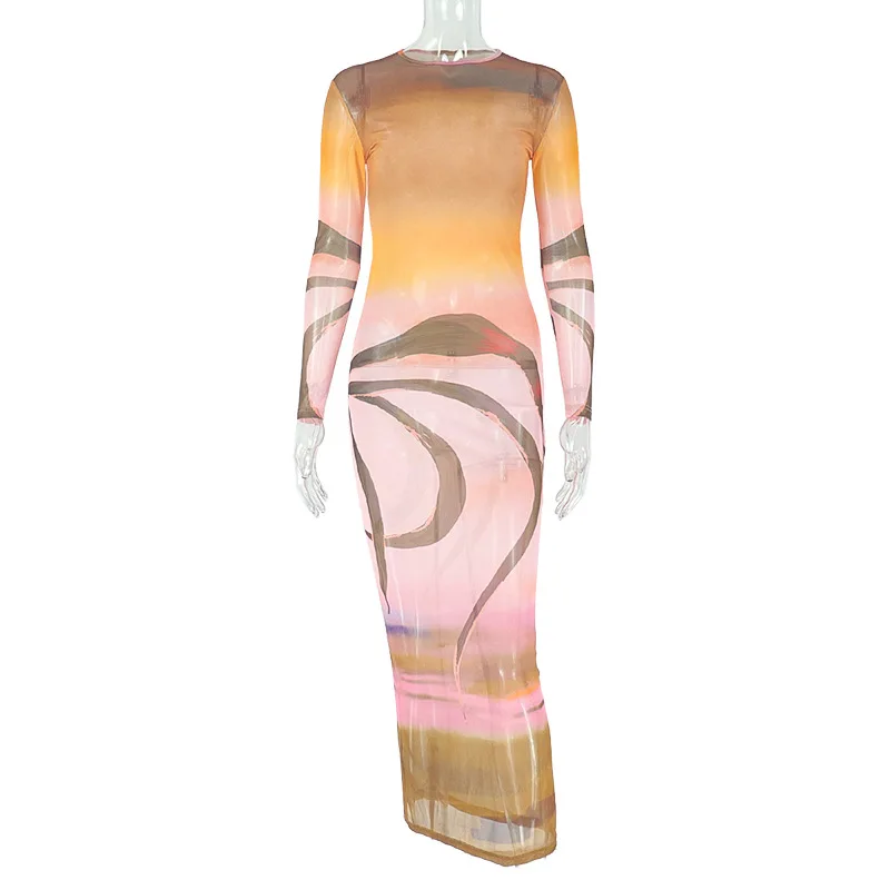 Print Mesh Maxi Dress Women See Through O Neck Full Sleeve Bodycon Night Clubwear Party Long Robe Holiday Cover Ups Streetwear