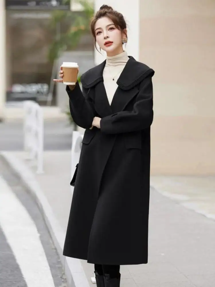 

Korean Fashion Retro Women Solid Double Breasted Long Woolen Coat Autumn Winter Temperament Office Lady Vacation Tops Streetwear