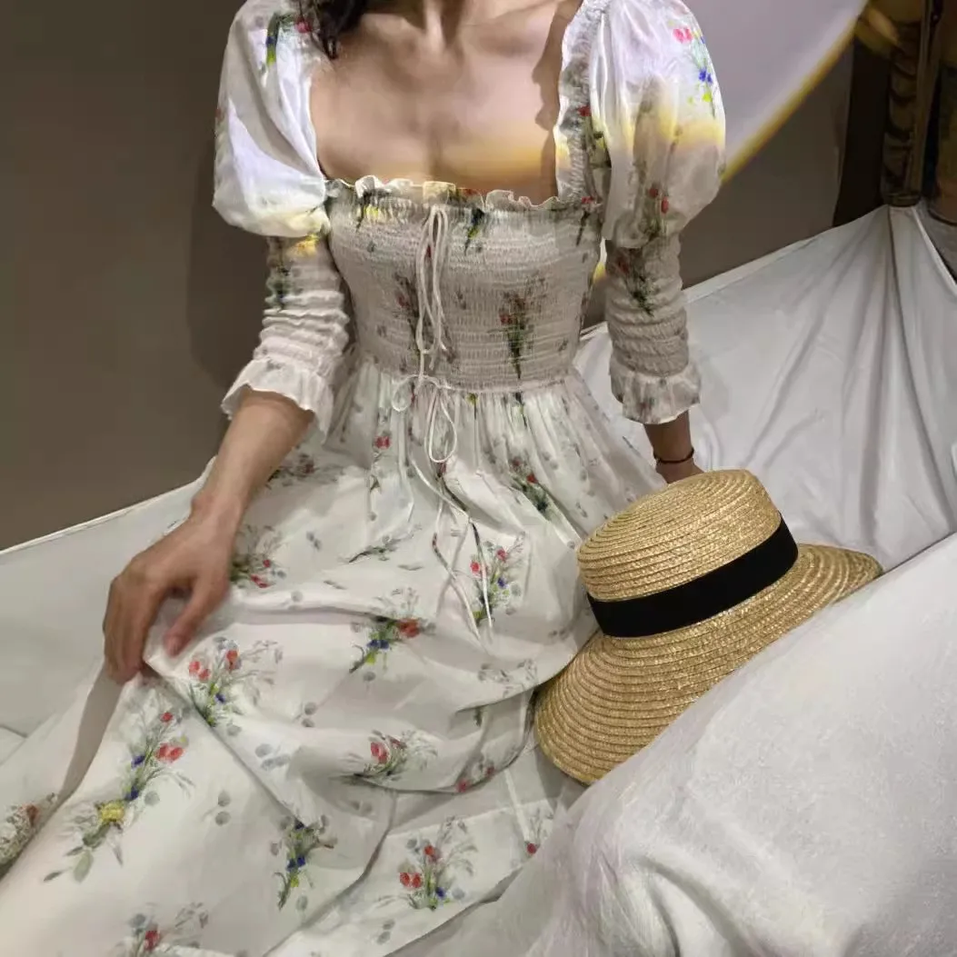 Primavera Estate New Sle American Country Stampa floreale Puff Sve Colletto quadrato Gonna longuette a trapezio in cotone Dr