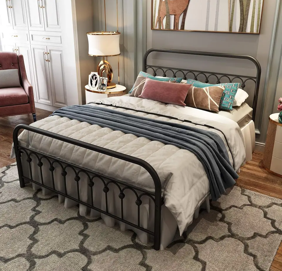 Vintage Queen Size Metal Bed Frame with Headboard
