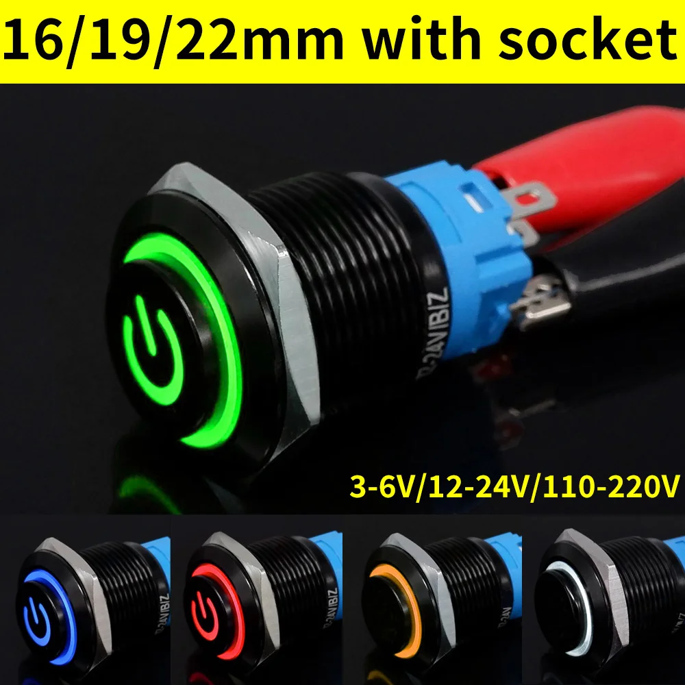 Black Push Button Switch 16mm 19mm 22mm LED Light Waterproof Illuminated Metal With Fixed PC Power Start Stop 3V 5V 12V 24V 220V
