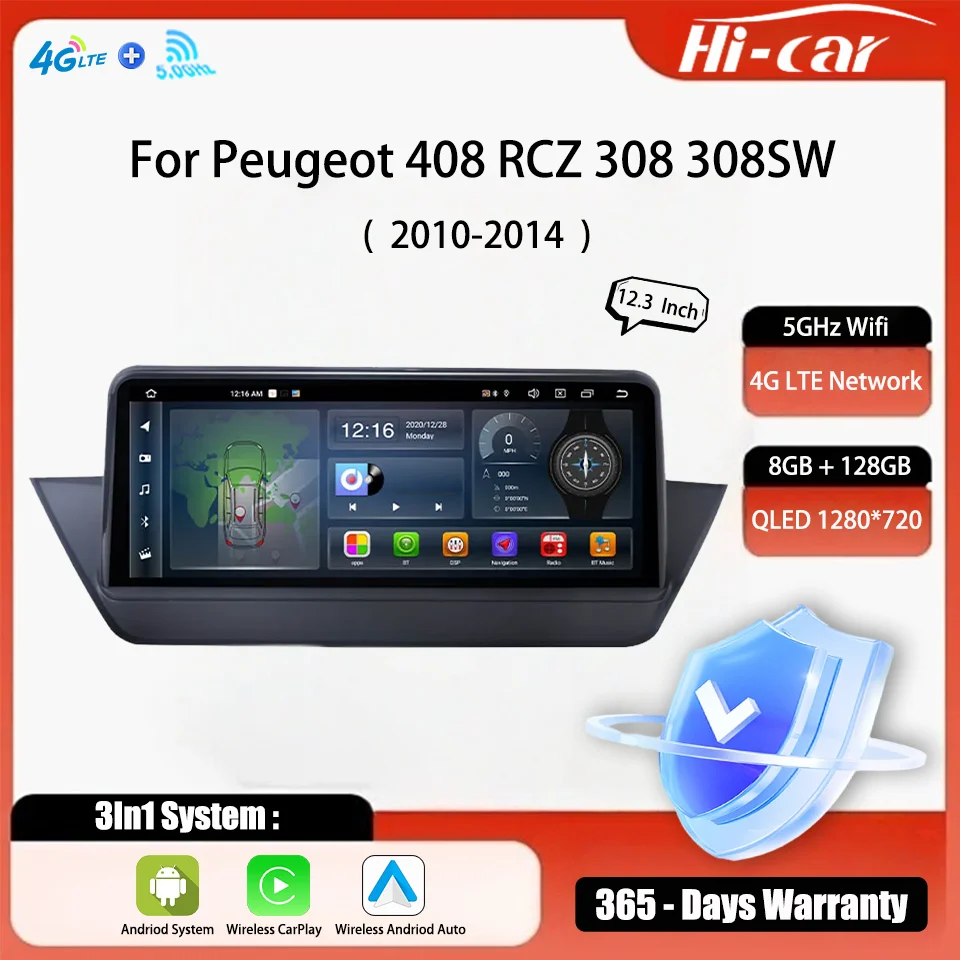 

Car Android Radio for Peugeot 408 RCZ 308 308SW GPS Wireless CarPlay & Android Auto Multimedia Stereo 2 Din 12.3" Inch 4G+WIfi