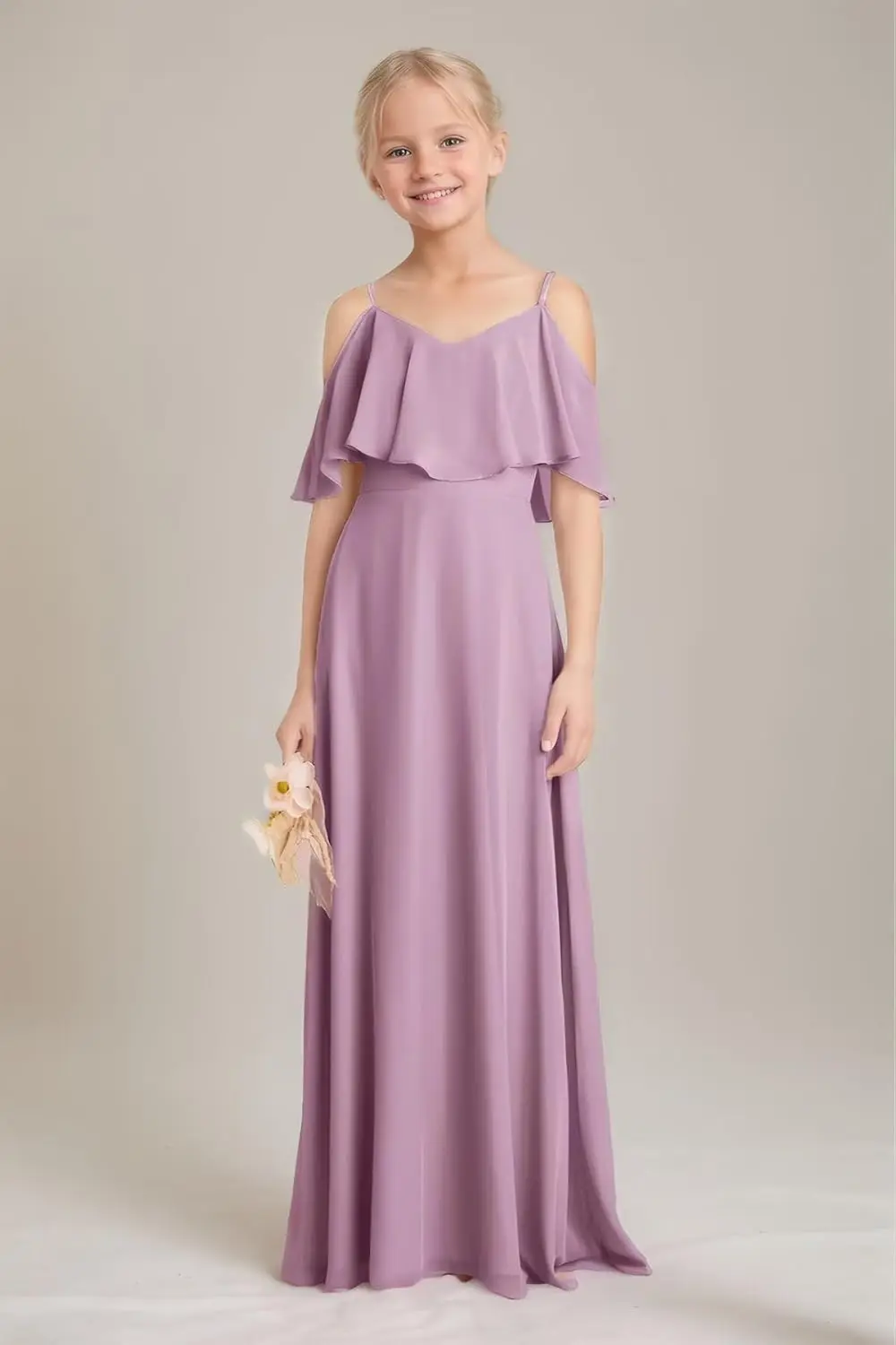 Vestido de dama de honra júnior com ombro de fora, longo, chiffon, flor, festa, concurso, para meninas adolescentes