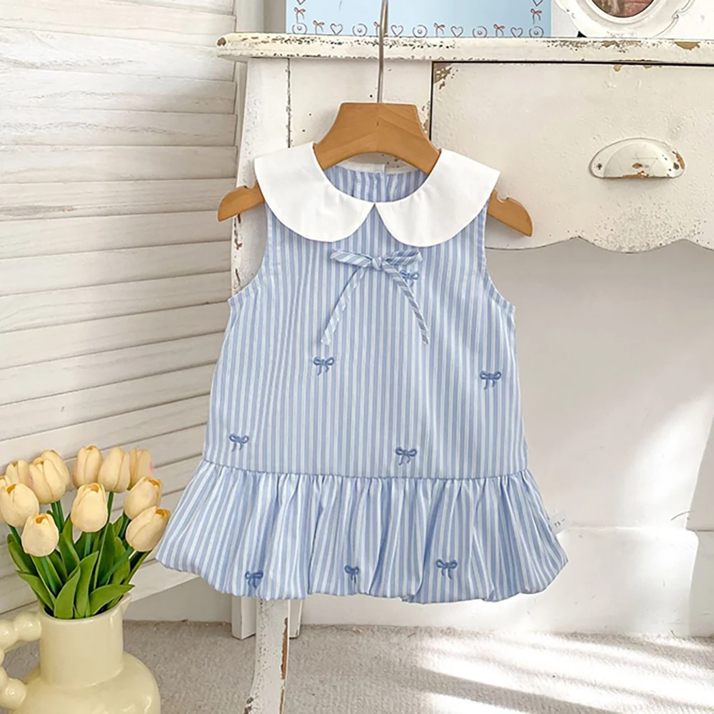 

Летнее синее полосатое платье принцессы для девочек, без рукавов, с воротником Питер Пэн, с бантом, пышное, 2026, в корейском стиле, детское платье