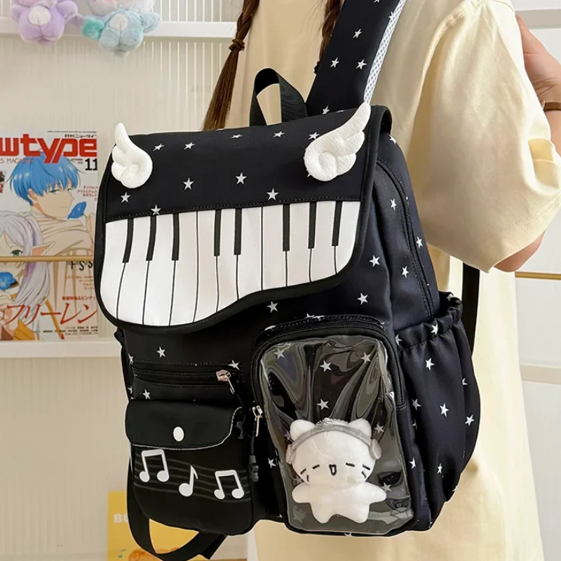 Cute Piano Key Star Print Backpack Girls Kawaii Musical Note School Bag 3d Angel Wing Decor Student Large Capacity Flap Rucksack