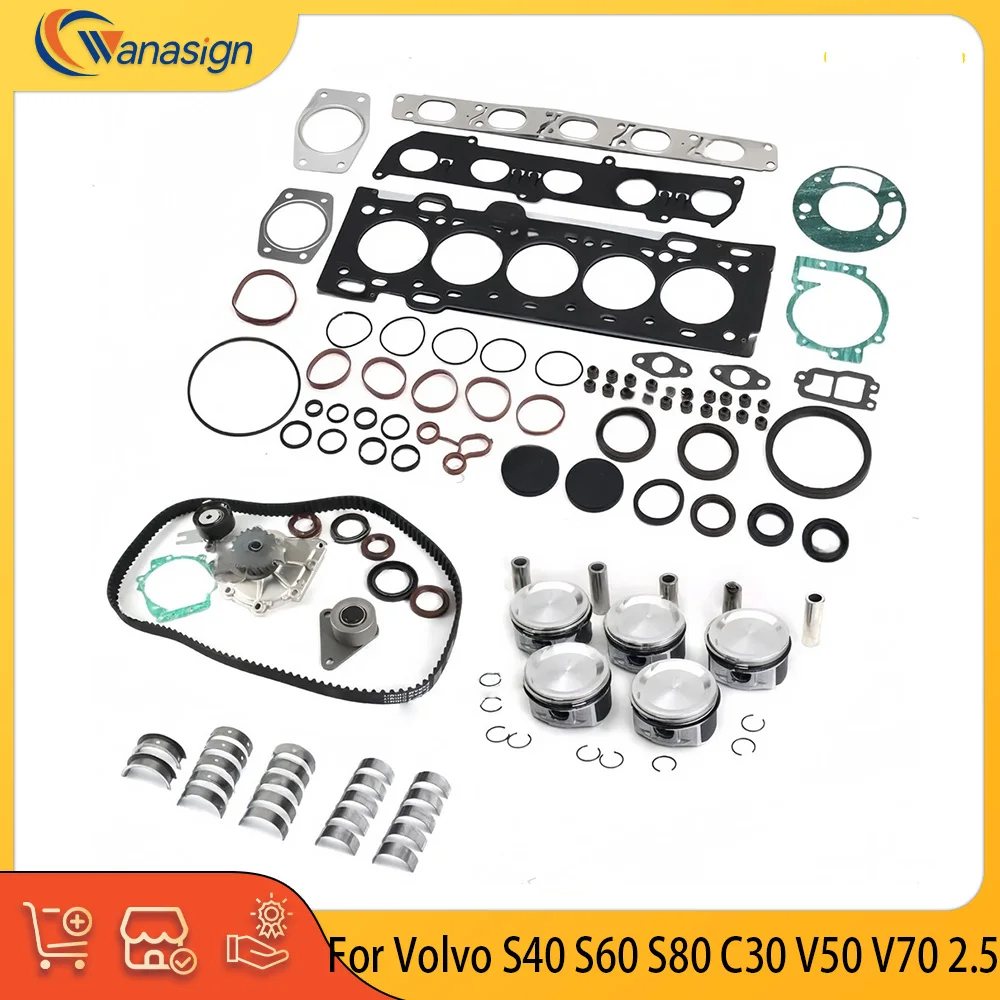 Engien Part Full Gasket Piston Bearings Timing Belt Set Fit 2.5 L L5 Gas B5254T7 B5254T3 For 2005-2012 Volvo S40 S60 S80 2.5 T5
