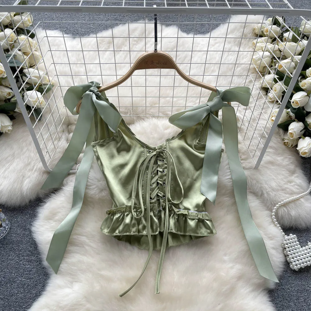 Top Retro de satén de seda Bindi para mujer, csa atada con nudo de mariposa y cordón cruzado de verano con cuello en V y o...