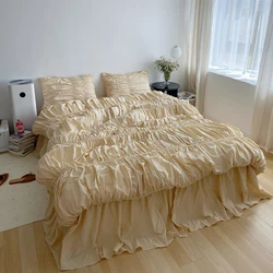 Literary Fold Bubble Bedding Set 40S Washed Cotton Soft Double Queen Size Bed Sheet Bed Skirt Pillowcase Duvet Cover Set 4pcs