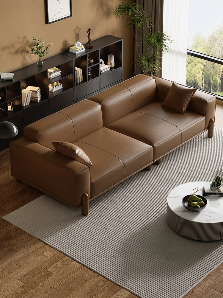 Italienisches, leichtes, luxuriöses, einfaches Tofu-Block-Sofa aus echtem Rindsleder, große schwarze Kuh, gerade Reihe, Wohnzimmergröße, Wohnung
