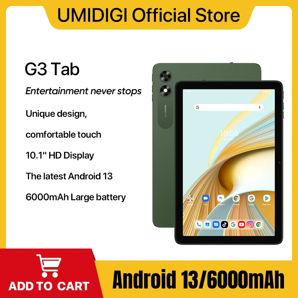 UMIDIGI-G3 Tab Tablet Inteligente, Android 13, Display HD de 10,1 ", MTK 8766, 3GB, 32GB, Desbloqueio Facial com Al, 4G LTE, 6000mAh, Mega Bateria, 10W