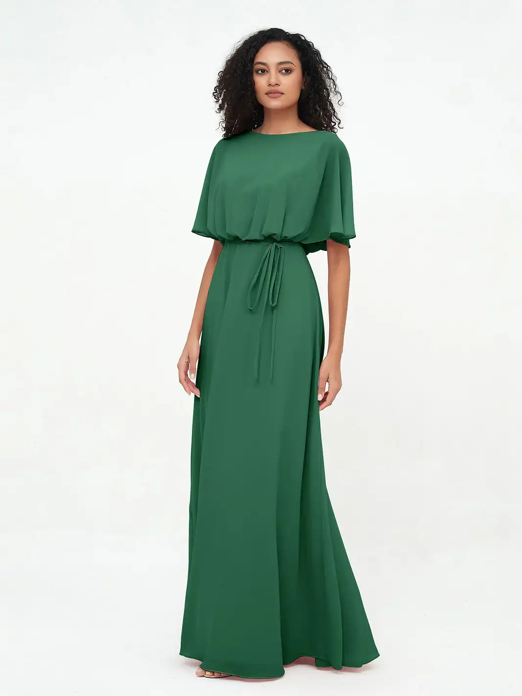 

Classic A-Line O-Neck Chiffon Bridesmaid Dress Sashes Half Sleeve Wedding Cocktail Dresses Pleated Floor-Length Evening Gowns