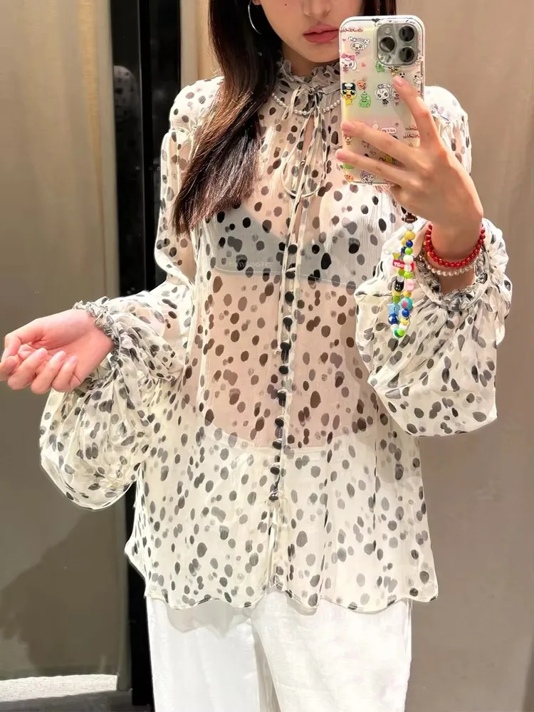 

Polka Dot Shirt Women 2025 New Summer Chic Sexy Transparent O-neck Lace Up Ruffled Puff Sleeve Blouse Fashion Casual Loose Shirt