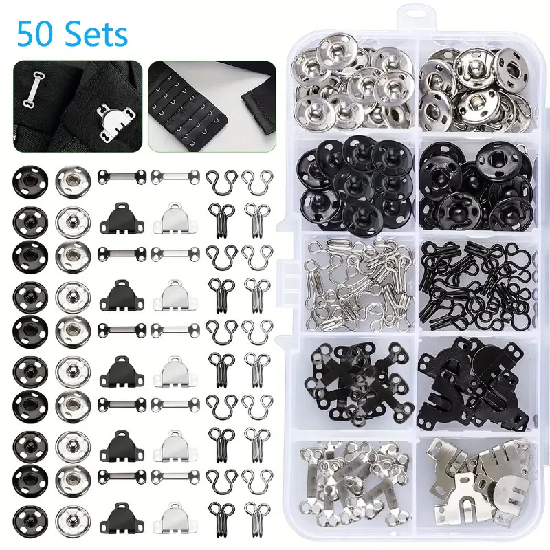 

50Sets Sewing Fasteners Eyes Hooks 3 Styles Sewing Snaps Clothing Fixing Tools with Metal Snaps Buttons for Trousers Skirt Dress