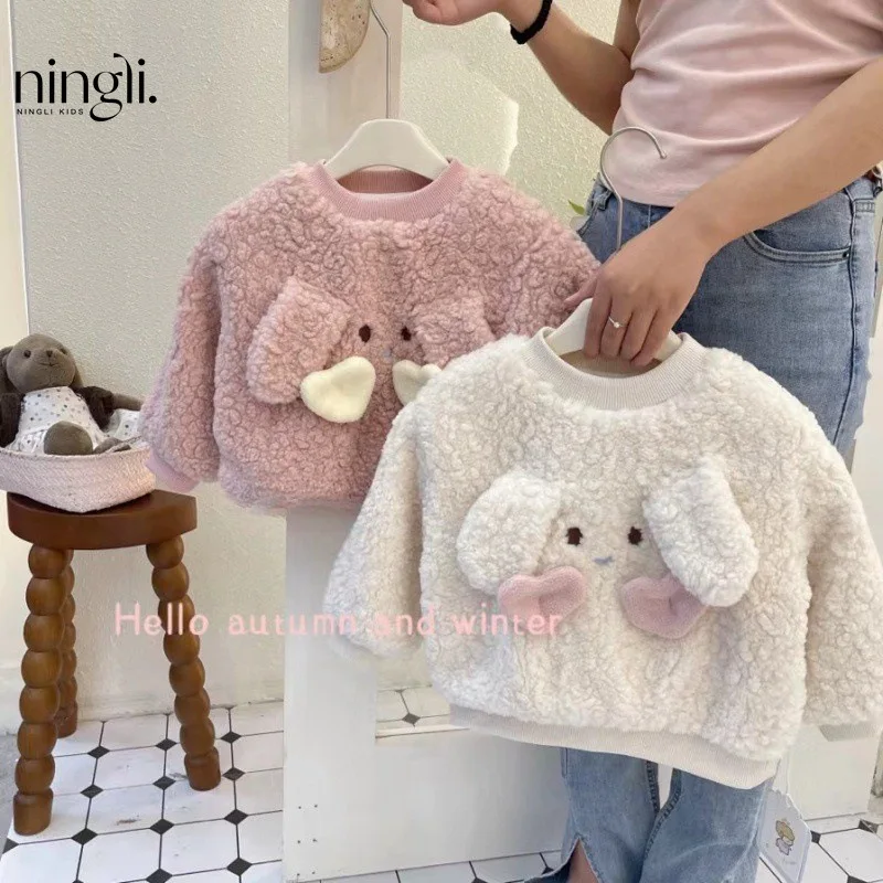 Girls' Fleece-Lined Sweater Autumn and Winter Clothing24New Girl's Fashionable Lamb Wool Cartoon Topt