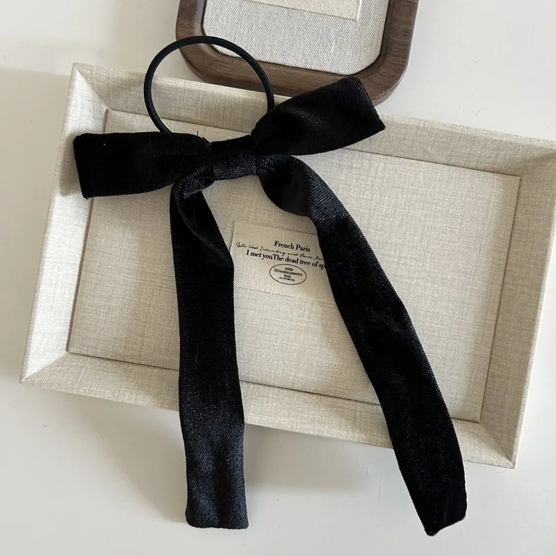 2025 Mode Samt Schleife Haarband Scrunchie für Frauen Vintage schwarz Samt Haargummi Mädchen lange Schleife Haargummi Haarschmuck – Detail 5