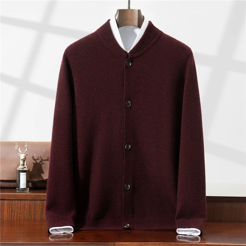 

Кардиган из 100% чистой шерсти, мужской бейсбольный воротник, повседневная верхняя одежда, вязаный свитер, осень-зима, свободный свитер с воротником-стойкой, куртка