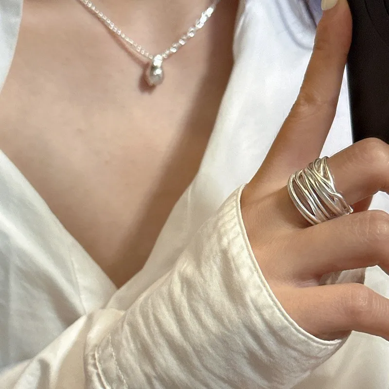 Women's Geometric Line Cross Wrap Open Ring, 925 Silver
