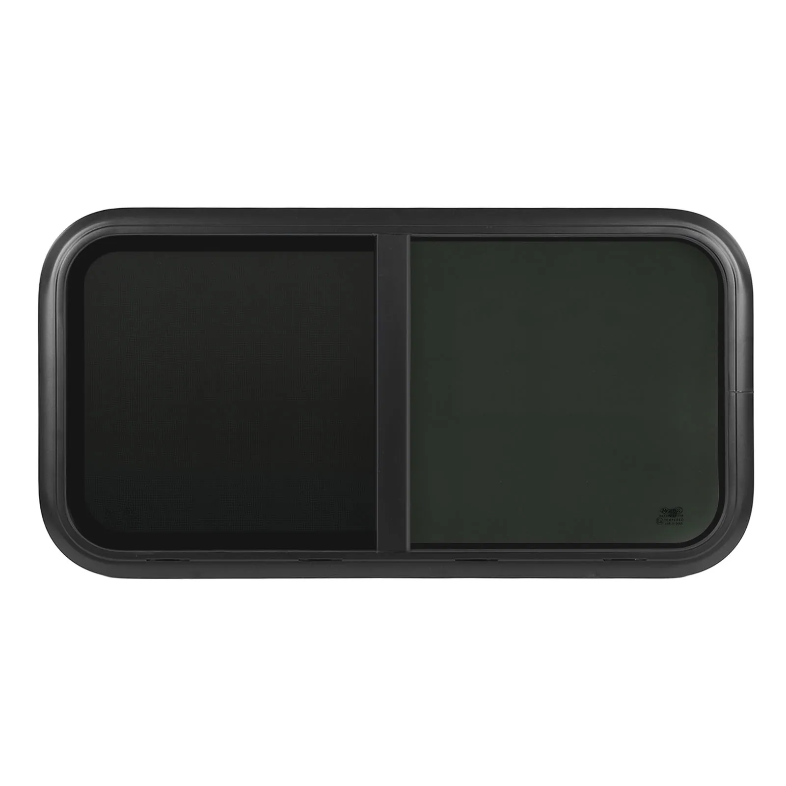 หน้าต่างบานเลื่อนทรงโค้งมน ขนาด 1000x500 มม. กรอบอลูมิเนียมอัลลอยด์สีดำ ป้องกันรังสียูวี พร้อมมุ้งกันแมลง สำหรับรถบ้านคาราวาน