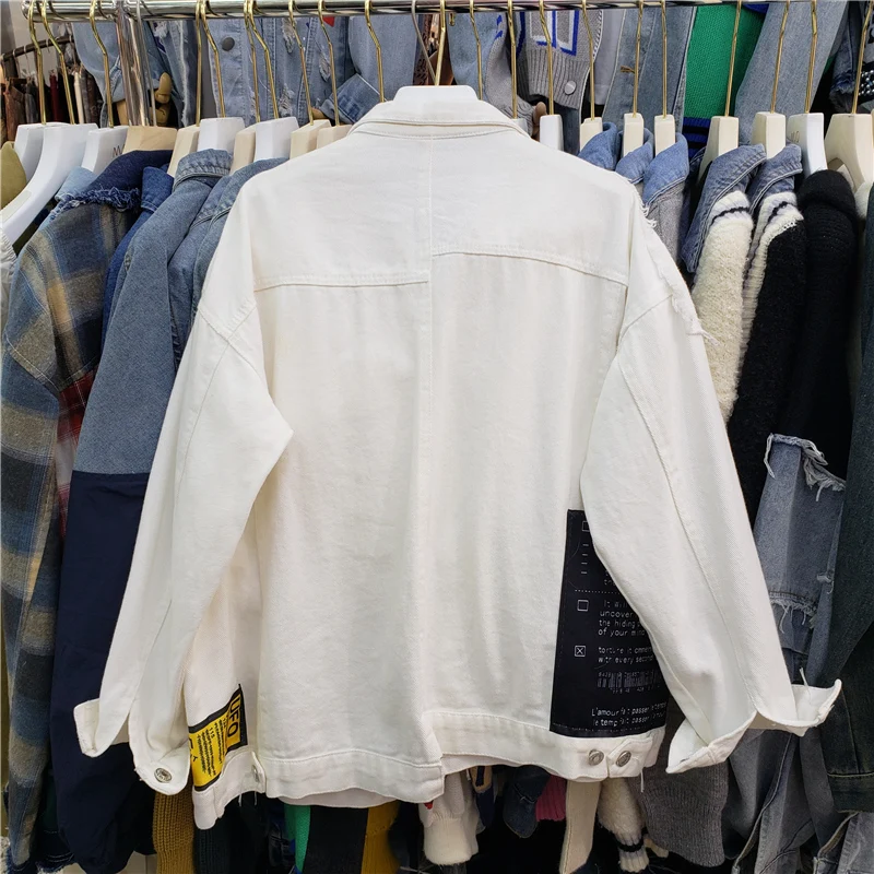 Primavera Vintage Disegni di toppe irregolari Stampa Giacca di jeans Nero Blu Bianco Giallo Casual Giacca di jeans da donna Cappotto Autunno Nuovo