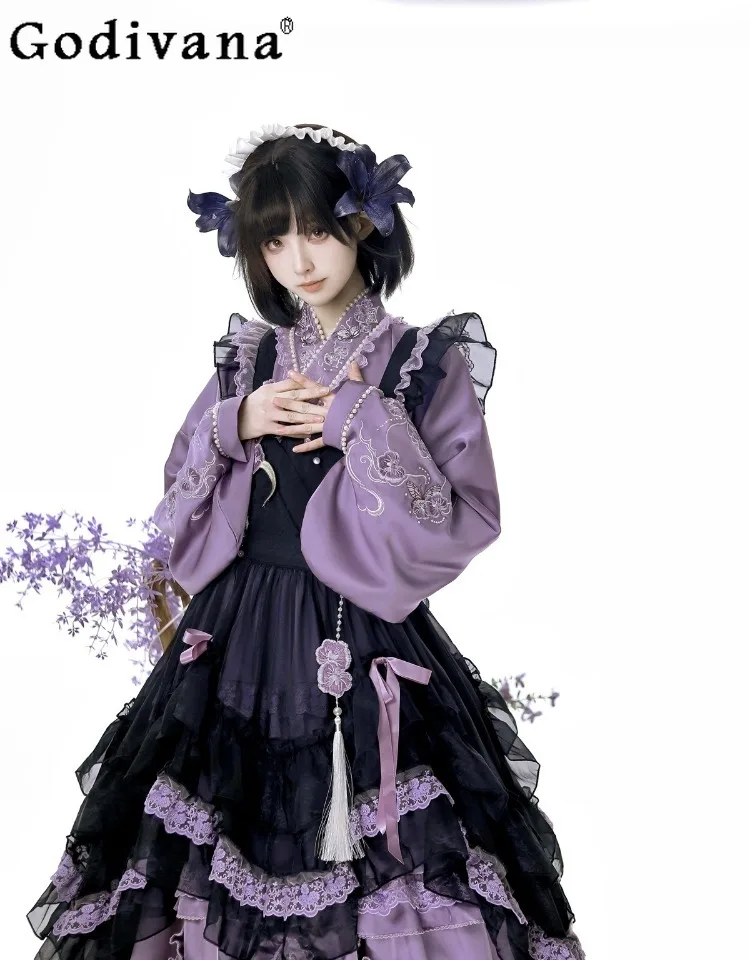 

Японская Лолита, оригинальная литературная девушка, ретро фиолетовая юбка Lo, водолазка с милыми рогами и рукавами в придворном стиле, элегантный комплект женского платья Jk