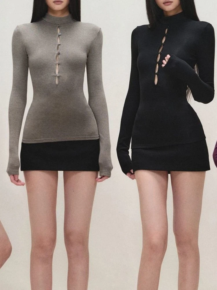 

Y2k Эстетические женские футболки с высоким воротником Harajuku, сексуальные винтажные топы с вырезами, уличная одежда 2025 года, однотонная облегающая футболка в стиле гранж