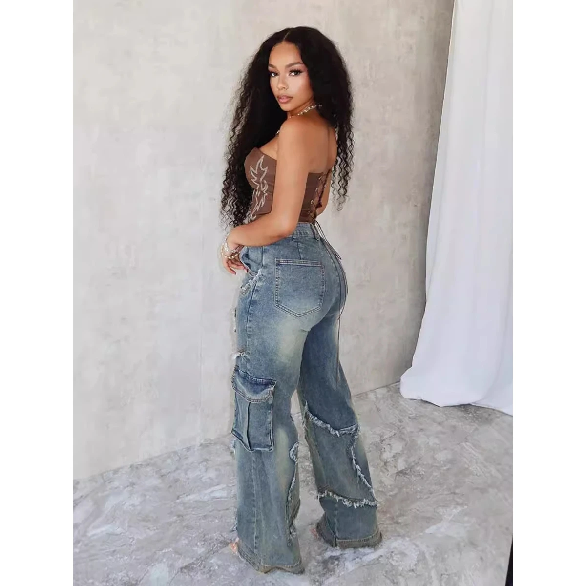 Losse casual damesjeans met rechte pijpen, gerafelde zoom, lamsfluwelen stof, herfst winter, nieuwe Sle Star kwastje, wijde pijpen broek