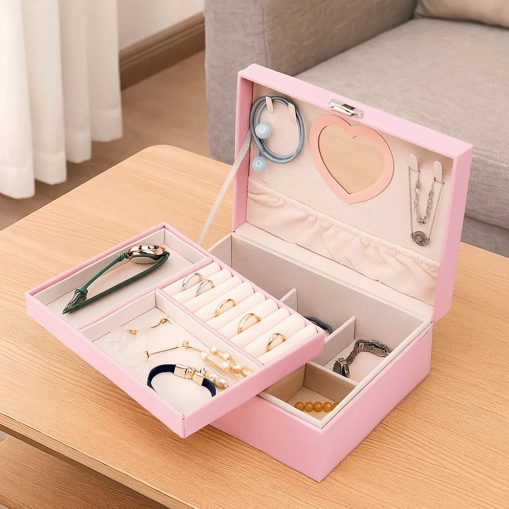 Fashion PU Double Layer Jewelry Box Dustproof Lockable Jewelry Display Case Large Capacity Jewelry Storage Box for Home