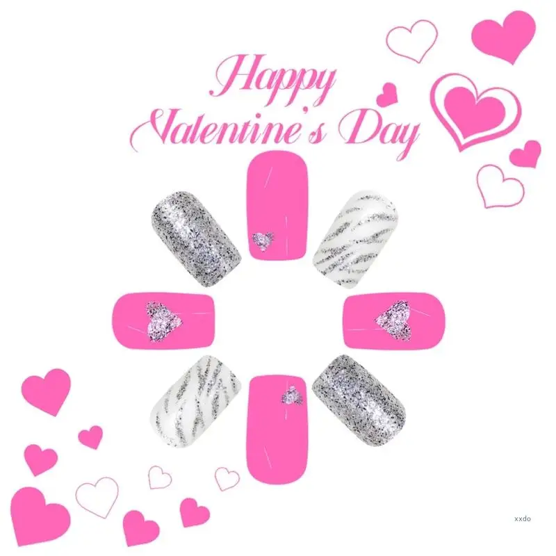 24 piezas uñas postizas acrílicas con forma corazón brillante plateado con temática del Día Valentín para mujeres a