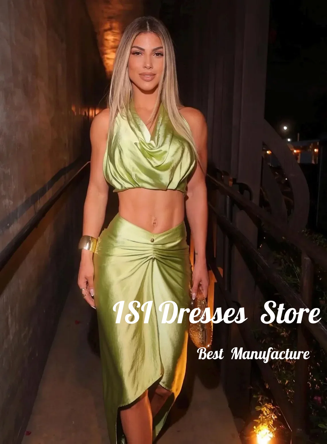 ISI Glitter Specail Top and Skirt Lime Dress for Party Backless Irregular Cocktail Dresses Mini Prom Gown Bithday Wedding Party