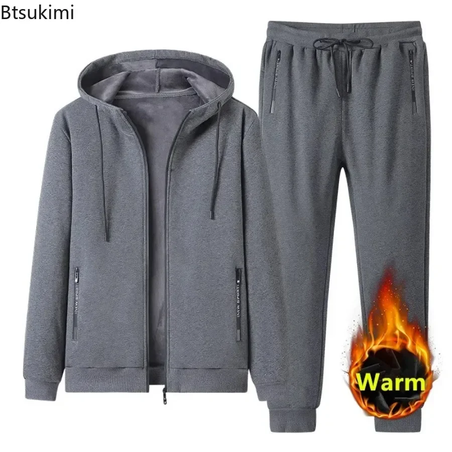 2024 Autumn Winter New Men Sets Men\'s Fashion Plus Fleece Thickened Warm Pure Cotton Hooded Sportwear Suit Man Casual Tracksuits