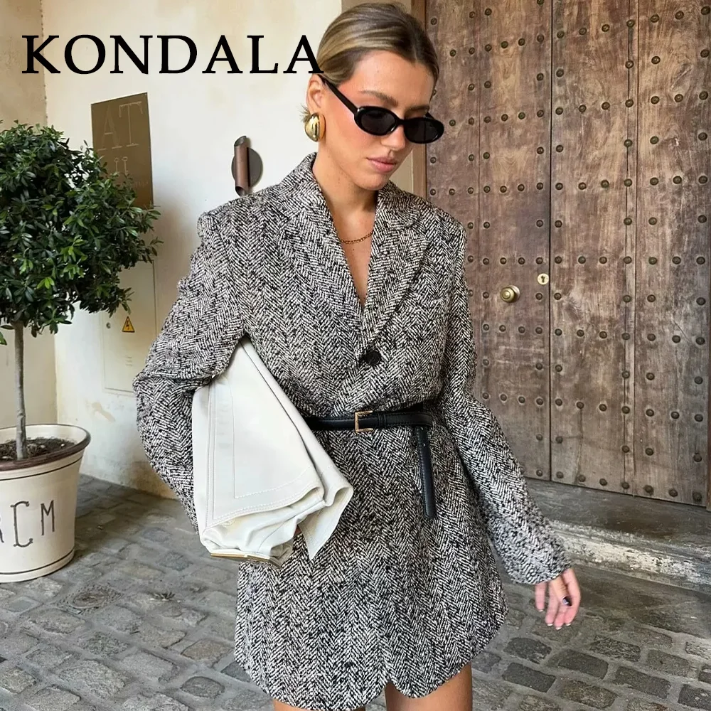 เสื้อเบลเซอร์ KONDALA คอลเลคชั่นฤดูใบไม้ร่วง-ฤดูหนาว ปี 2025 สำหรับสุภาพสตรีทำงาน ดีไซน์ผูกเอว แฟชั่นเสื้อคลุมไหล่หลวม สไตล์หรูหรา กระดุมแถวเดียว เสื้อเบลเซอร์ยาวสำหรับผู้หญิง สตรีทแวร์