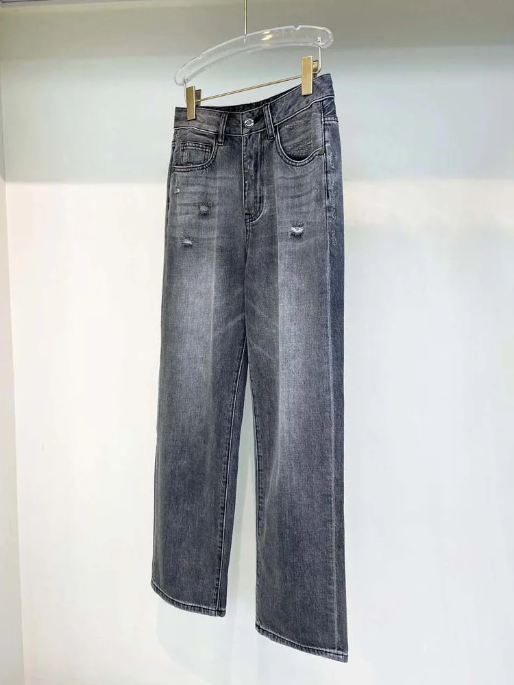 Long Jeans for Women 2024 New Spring Summer High Waist Hole Casual Straight Denim Trousers