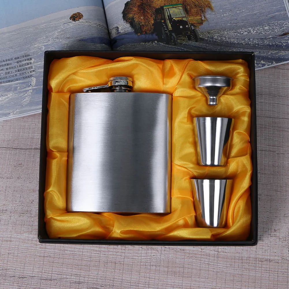 7oz Silver Portable 304 Stainless Steel Flagon Whiskey Vodka Wine Pot Hip Flask Set Alcohol Drinking Funnel Cup Set