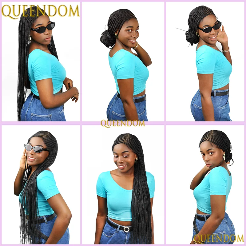 Wig Kepang Kotak Tanpa Simpul 36'' Sintetis, Wig Full Lace HD dengan Belahan Samping untuk Wanita Kulit Hitam, Kepang Cornrow Pirang