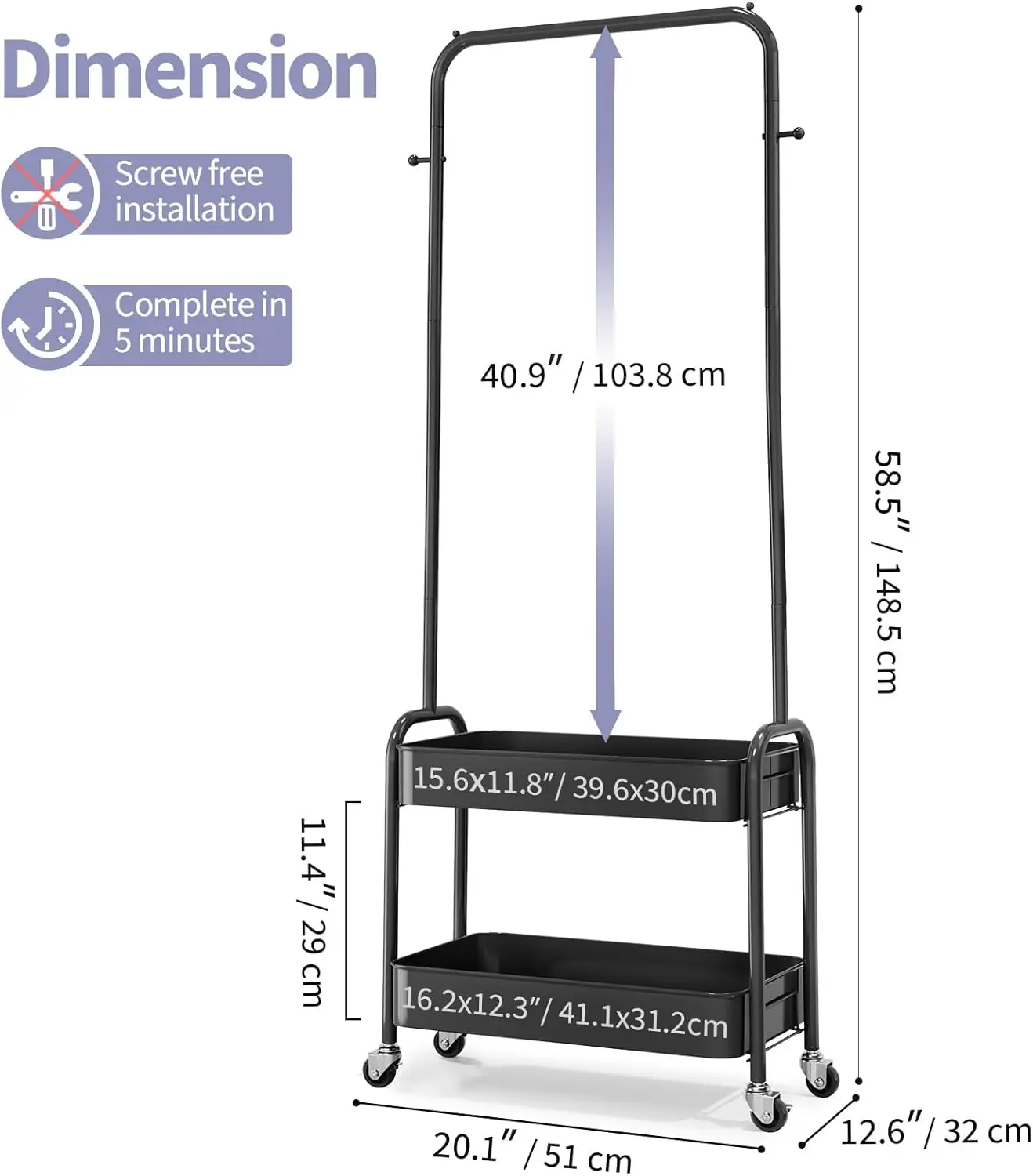 Portable Rolling Garment Rack with Wheels and Baskets, Black Metal Storage for Hanging Clothes