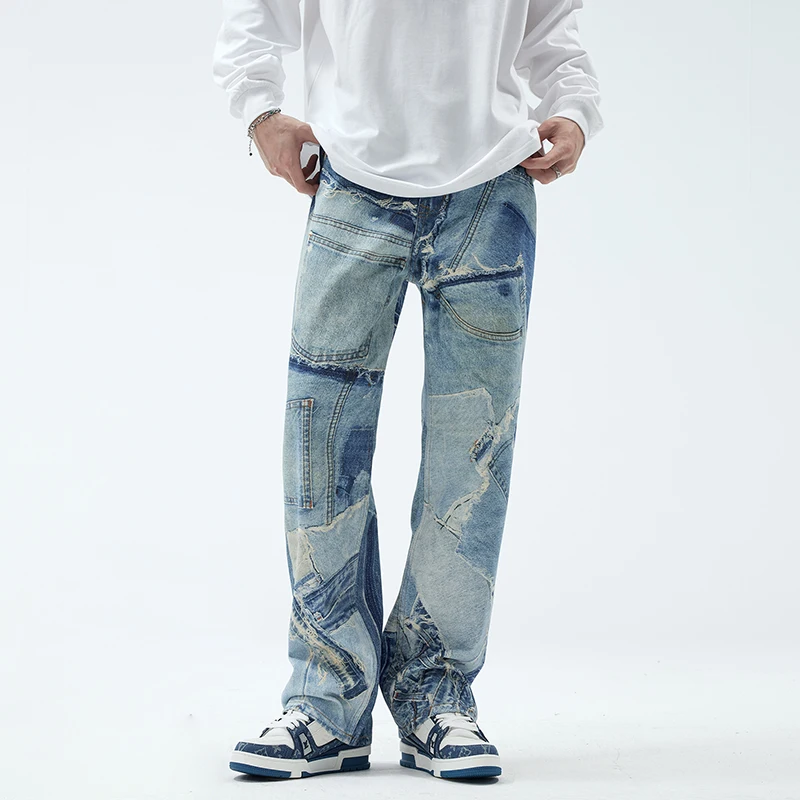 

Jeans Men's Street Trend Fashion Loose Washed-out Straight Stitching Design Handsome High Street Wide Leg Leisure Pants