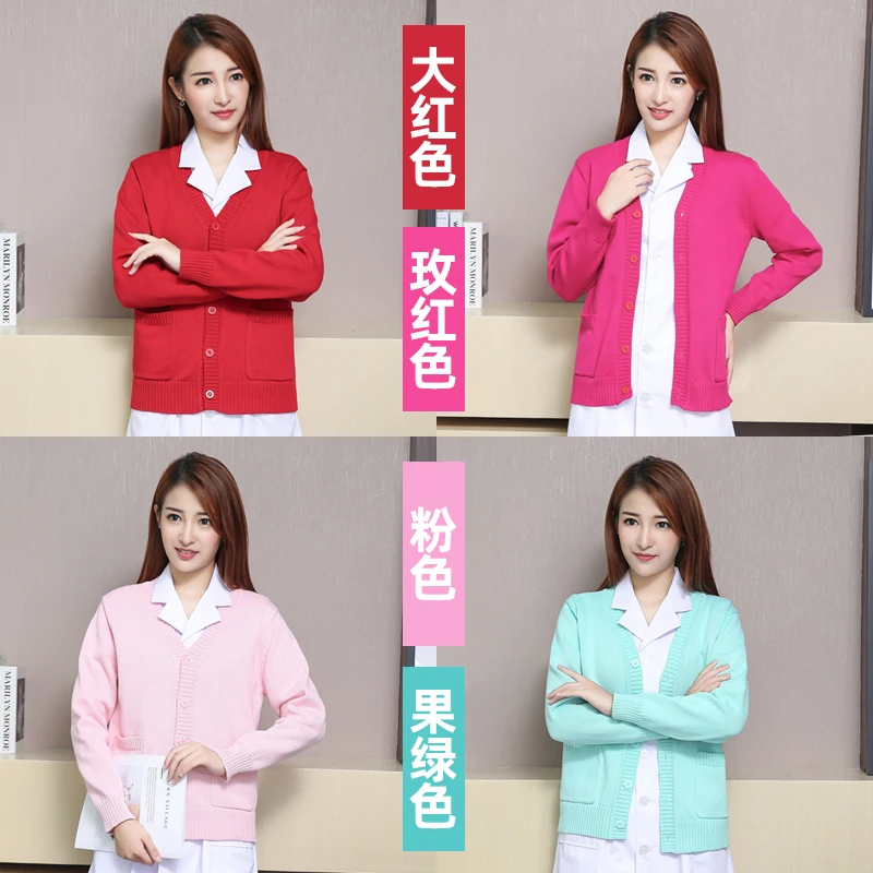 Navy Blue V-neck Plush and Thickened in Autumn Winter Hospital Nurse Sweater Doctor Nurse Outerwear Knitted Cardigan Jacket